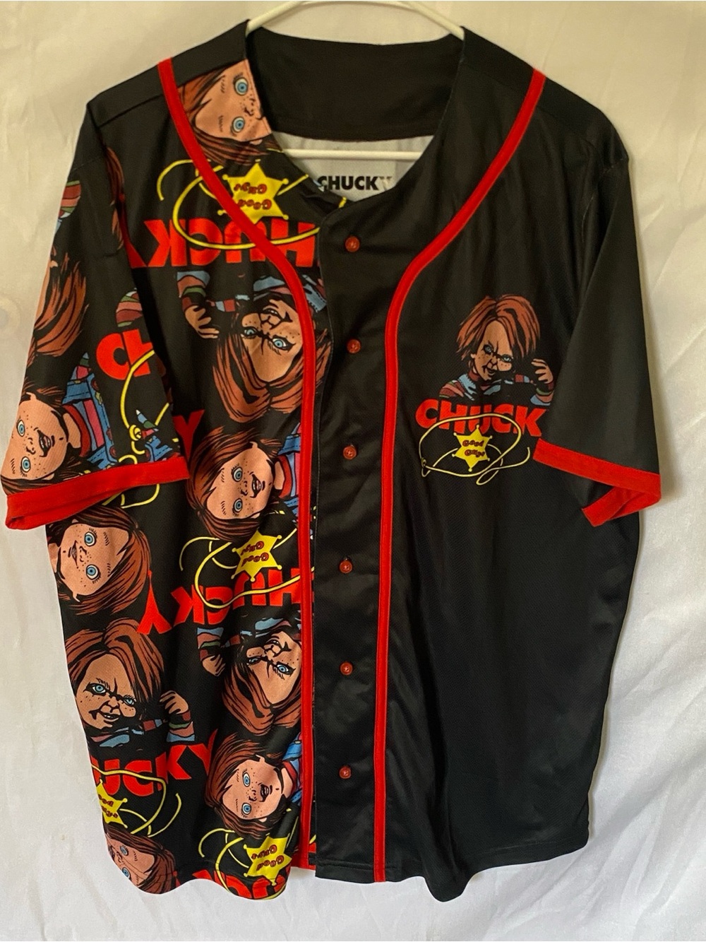 Chucky Childs Play Horror Jersey L Red Hybrid Apparel Split Graphic Button Shirt